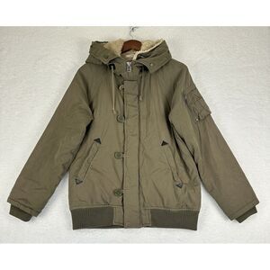 Moussy Hooded Bomber Jacket Womens Japan SZ 1 (XS/S) Green Faux Fur Lining *Read